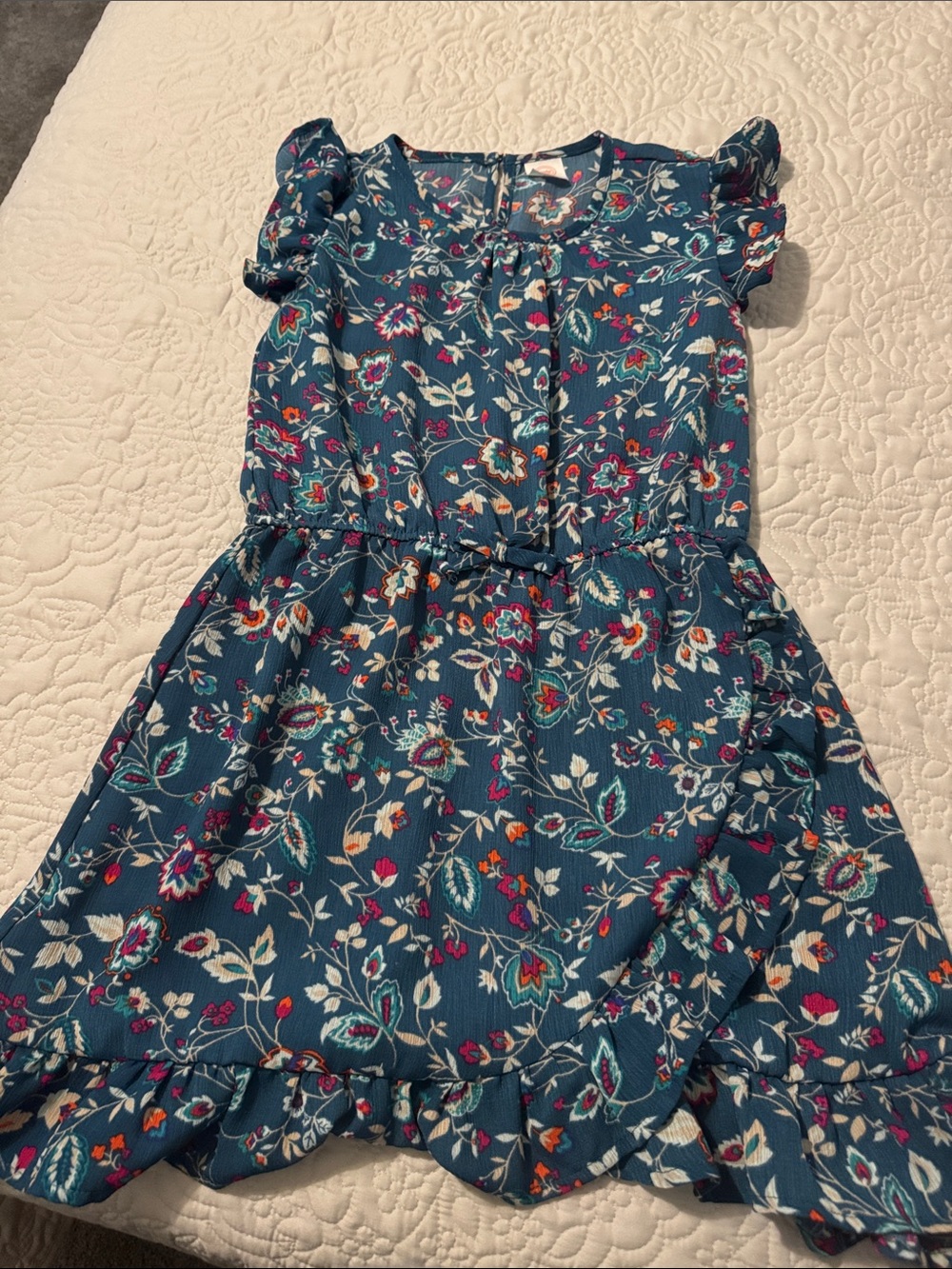 wonder nation Teal Blue Floral Ruffle-Sleeve Dress